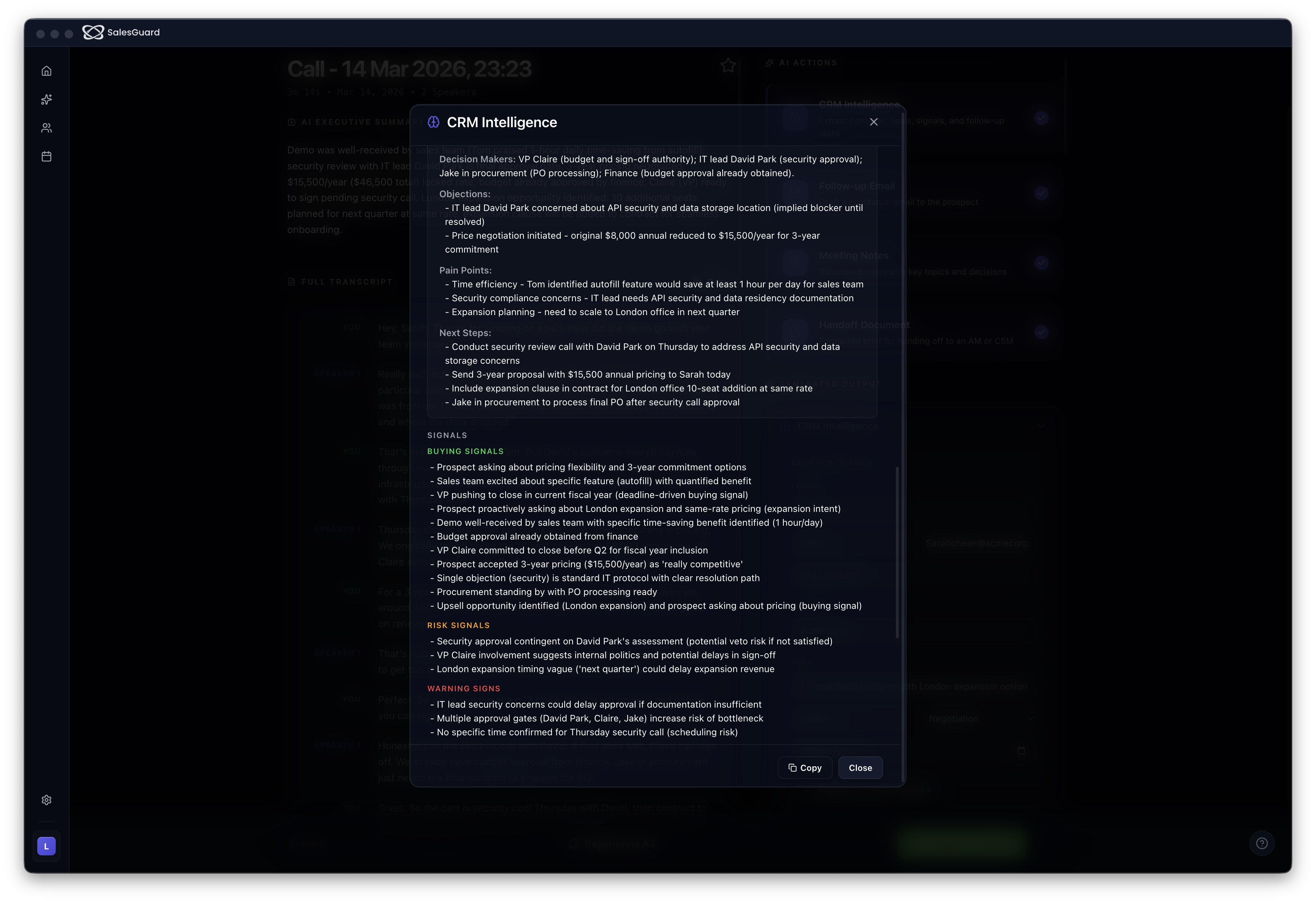 SalesGuard CRM Intelligence - buying signals, risk signals, objections, and next steps extracted automatically