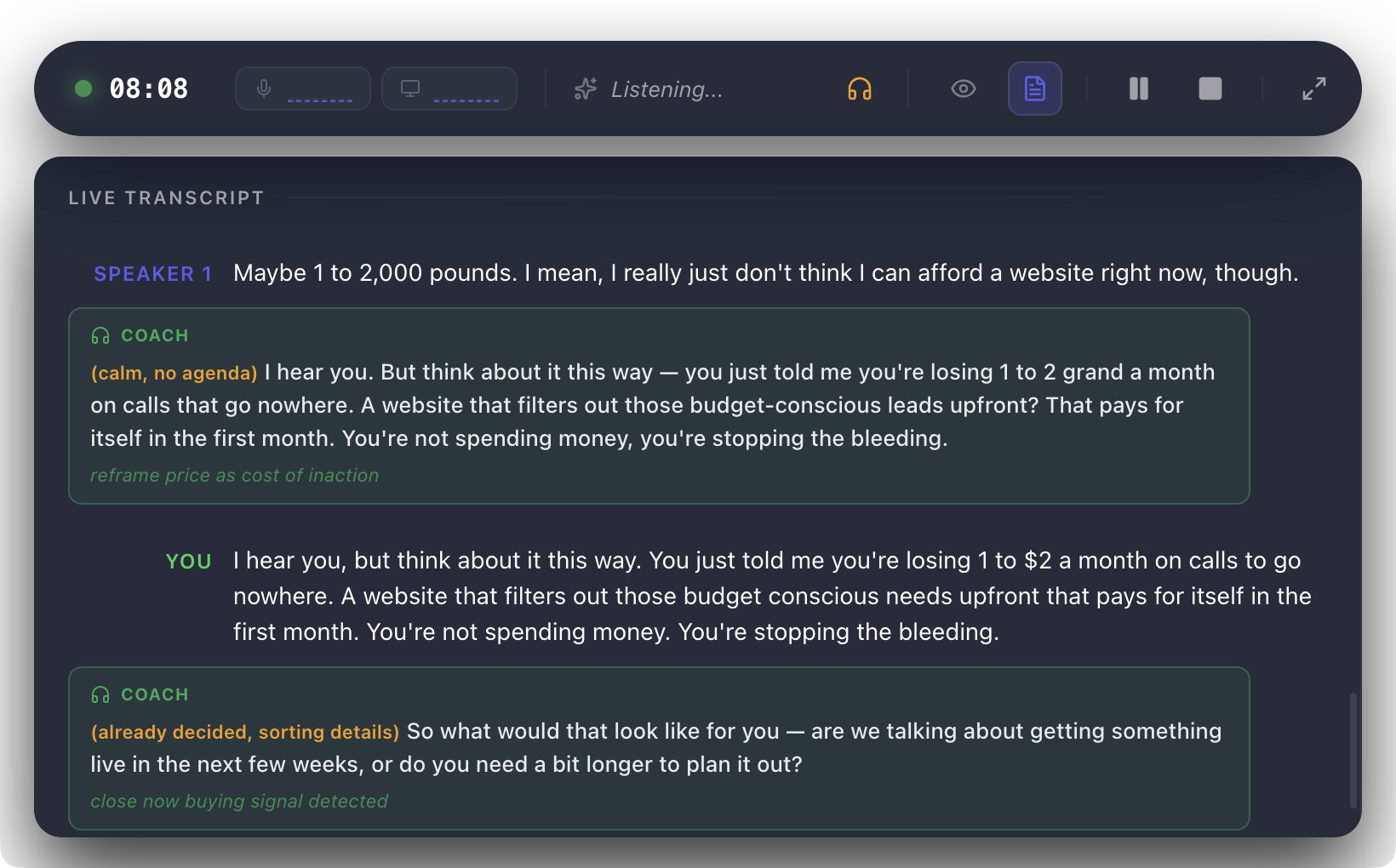 SalesGuard Real-Time AI Coach firing during a live sales call